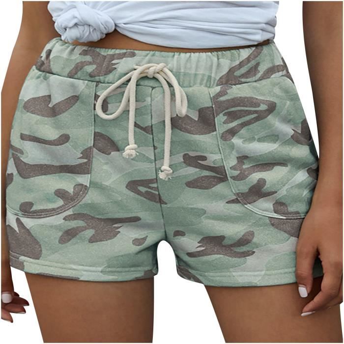 Short d'été pour femme - Short d'été - Cordon de serrage élastique - Pour la plage - Pantalon de survêtement - Short de sport ample - Élastique - Court - Avec poches, Gris 1, M