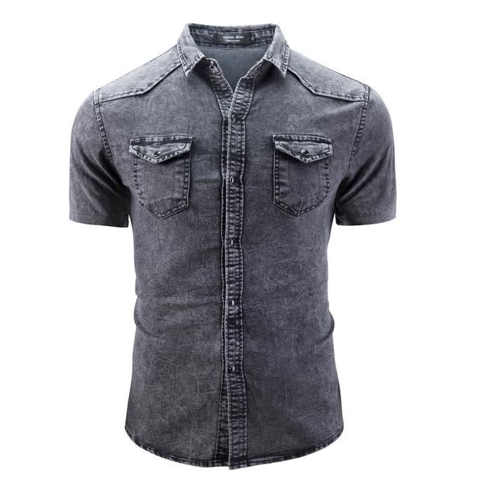Chmise Homme Manches Courtes Carreaux en Coton Chemise Ete Avec Poches