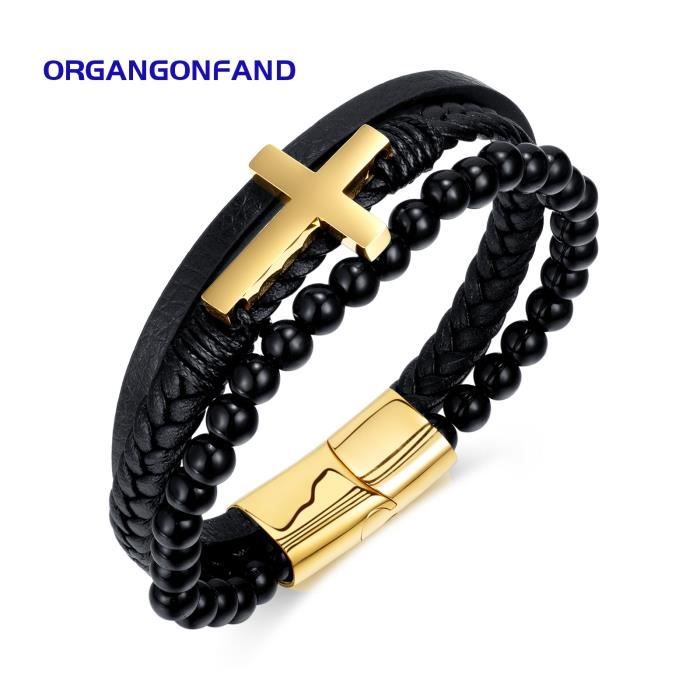 Bracelet homme - croix en acier titane - fermoir magnétique - bracelet en cuir tissé multicouche personnalisé -Noir et or