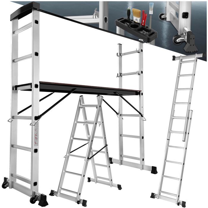 TECTAKE Échafaudage avec Plateforme Modulable 3 en 1 Echelle + Escabeau en Aluminium