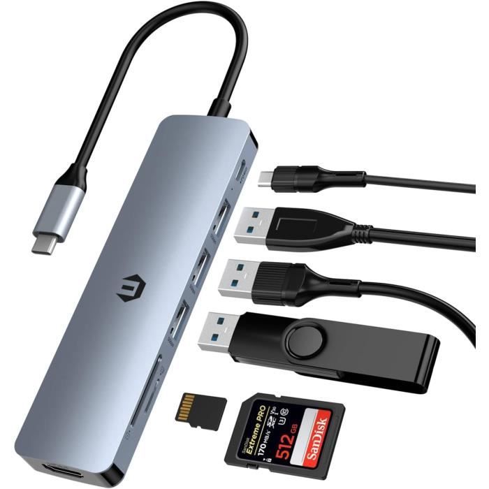 Hub USB-C 7-en-1 MIABOO – HDMI 4K, Charge 65W PD, Ports USB 3.0, Lecteur Cartes SD/TF, Pour MacBook, IPad