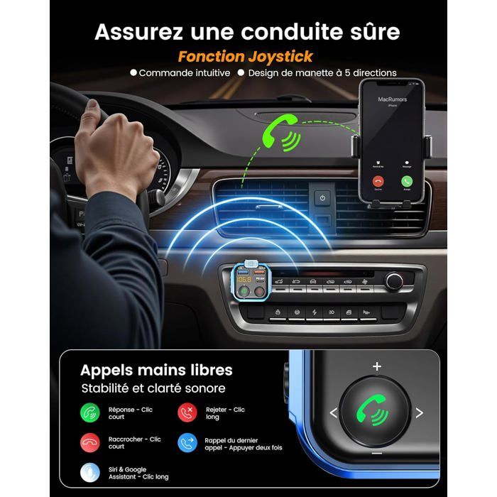 Transmetteur FM Bluetooth Voiture + Chargeur Allume Cigare 69W - 4 Ports, 2 Câbles Rétractables, Bluetooth 5.3, Lecteur USB - Pour Anciens Autoradios - 11