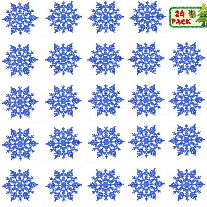 Lot De 24 Flocons De Neige à Suspendre Pour Sapin De Noël - Ornements Pailletés Argent & Bleu - Déco Noël Réutilisable - 10