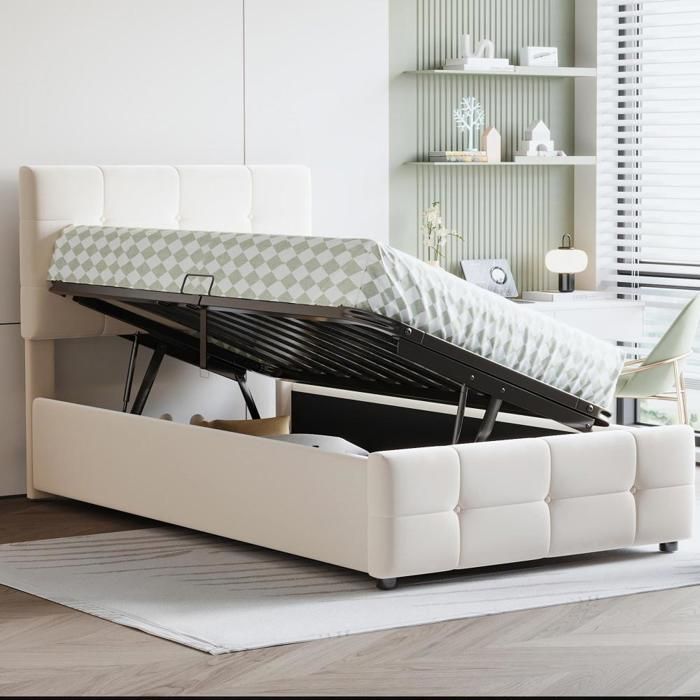 Lit Coffre 90x200 Cm Avec Rangement Hydraulique Et LEDs - Velours Beige, Tête Réglable - Sans Matelas, Pour Enfant/adulte