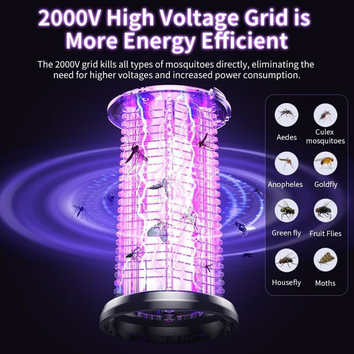 Lampe Anti-moustique UV Rechargeable - 2000V, étanche IPX5 - Pour Intérieur Et Extérieur (camping, Jardin) - Avec éclairage LED