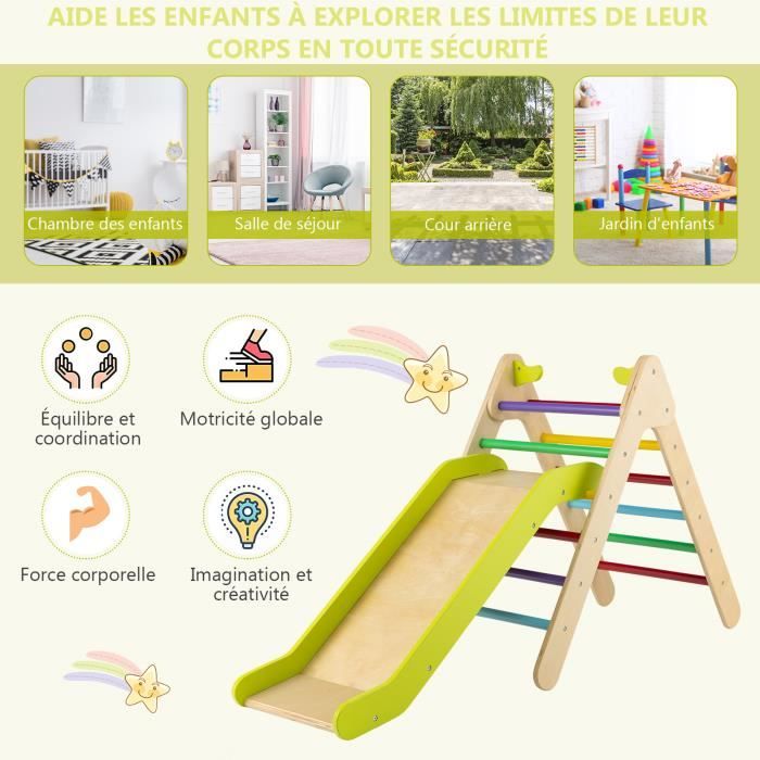 DREAMADE Échelle Triangulaire D'escalade – 92x46x80 Cm – 3 Côtés De Difficulté – Dès 3 Ans – Pin Massif – 60 Kg