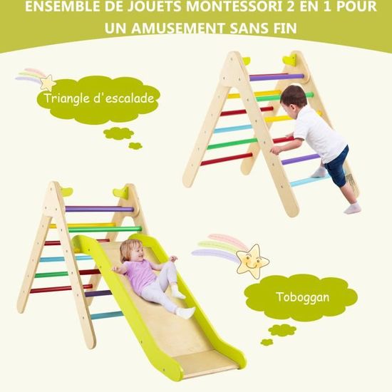 Triangle D'escalade Montessori Double Face – Bois Sapin – Rochers Colorés – Pour Enfants De 3 à 8 Ans