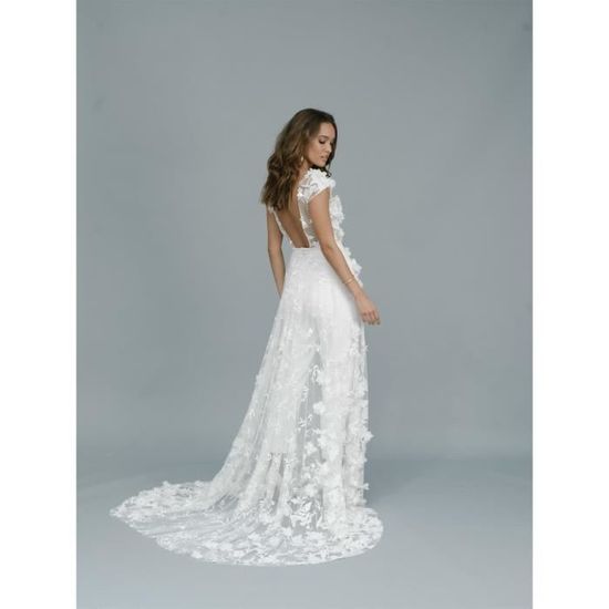 Combinaison De Mariage Avec Longue Traine Application Florale Personnalisee 3d Dos Nu Pantalon De Mariee couleurs blanc Blanc Cdiscount Pret a Porter