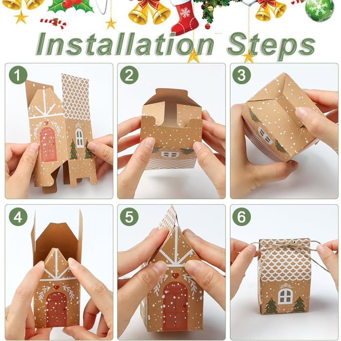 24 Pcs Boîte Cadeau De Noël, Sacs Cadeaux De Noël En Kraft, Boîte Cadeau De Noël En Papier Avec 24 D'Étiquettes Noël Et Ruban, Boîte De Noël En Papier