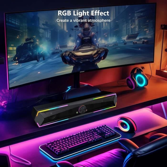 Enceintes Bluetooth PC RVB - Haut-parleurs Stéréo HiFi USB Pour Ordinateur Et Bureau, Noir