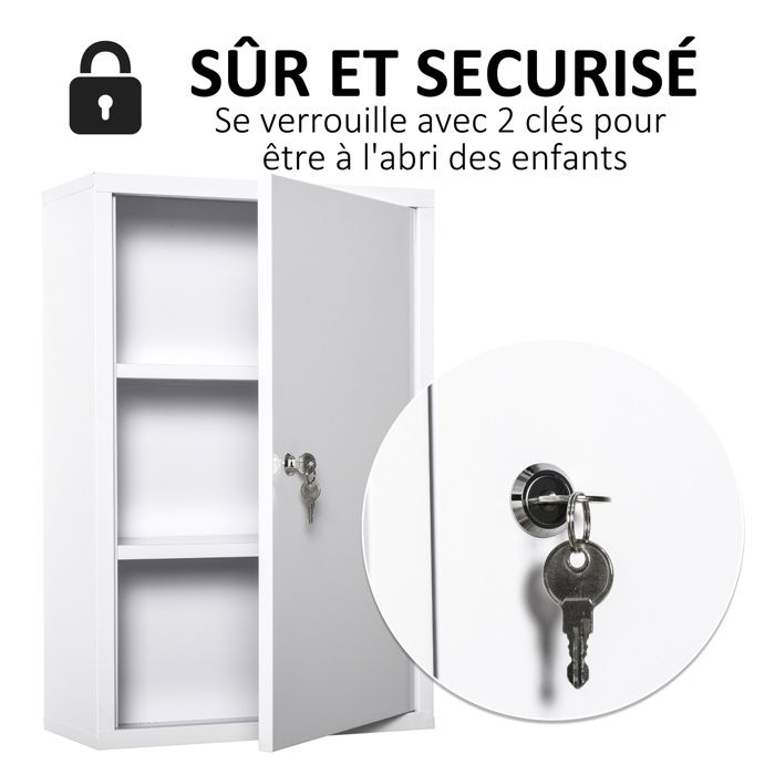 TRMLBE Armoire à Pharmacie en Acier Inoxydable Armoire à Pharmacie verrouillable Armoire d'apothicaire Armoire à Pharmacie avec Porte vitrée avec 2 clés 30 x 12 x 30 cm Blanc (avec 2 Compartiments