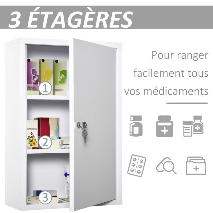 Armoire à Pharmacie Kleankin Murale - 30x14x46 Cm - 3 Étages, Porte Verrouillable Avec Clés - Blanc