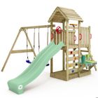 WICKEY Aire de jeux Portique bois MultiFlyer toit en bois avec balançoire et cuisine de la boue