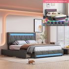 Lit double 160x200 cm avec LED et 4 tiroirs - DANS LES NUAGES - Design moderne - Tissu en lin - Gris