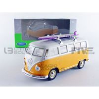 Voiture Miniature de Collection - WELLY 1/24 - VOLKSWAGEN Combi T1 Bus - Surfboard - 1963 - Yellow / White - 22095SBY