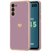 Coque pour Samsung Galaxy A15 5G-4G -Violet- Antichoc en Silicone TPU, Style luxe avec Motif d’Amour Cœur Plaqué et Doré