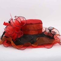 FUNMOON Chapeau Femmes De Plage En Organza Rose CoUVre-Chef De Soleil Large Bord Élégant Fleurs Fête Église Mariage -632071