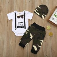 Un ensemble de vêtements Nouveau-né bébé garçons arc lettre body barboteuse + pantalon de camouflage chapeau tenues