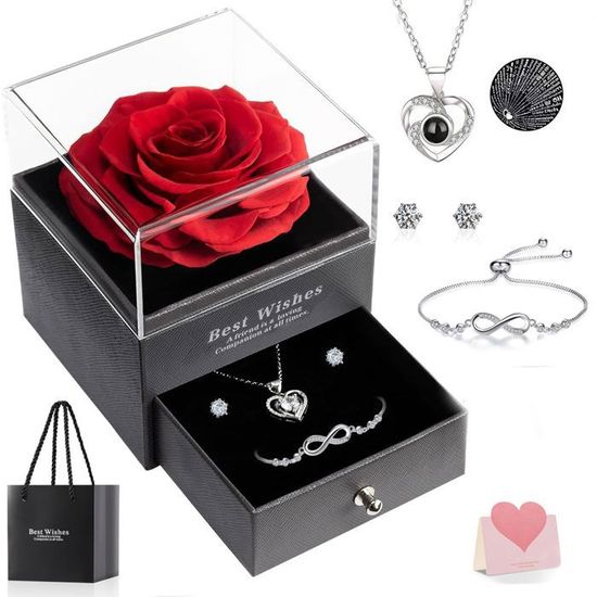 Rose éternelle Avec Collier Cœur Et Boîte à Bijoux - Coffret Cadeau Femme Pour Noël, Saint-Valentin, Fête Des Mères - Violet