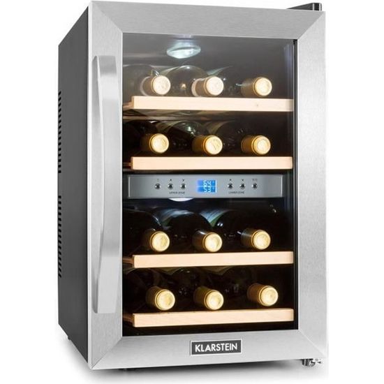 Klarstein Cave à vin design - Armoire à vin réfrigérée avec écran LED (34 litres, 12 bouteilles, température entre 7-18°) - inox