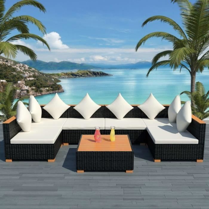 Salon de jardin 8 pers. en rotin synthétique et bois noir/marron et coussins crème - CS427511