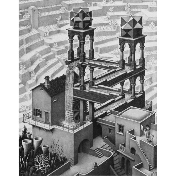 Poster Affiche Waterfall Cascade Escher Dessin Litographie Art Moderne Illusion 42cm x 53cm