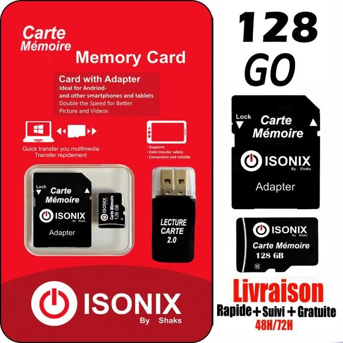 ISONIX Carte Mémoire Micro-sd 128 go Micro SDHC/SDXC + Adaptateur 100% Réel Class 10 + lecture carte