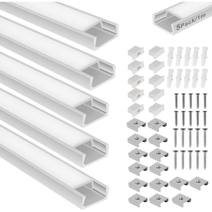 Lot de 5 profilés LED rectangulaires en aluminium 5 m x 1 m Pour bandes lumineuses LED Largeur découpable Avec embout Clip