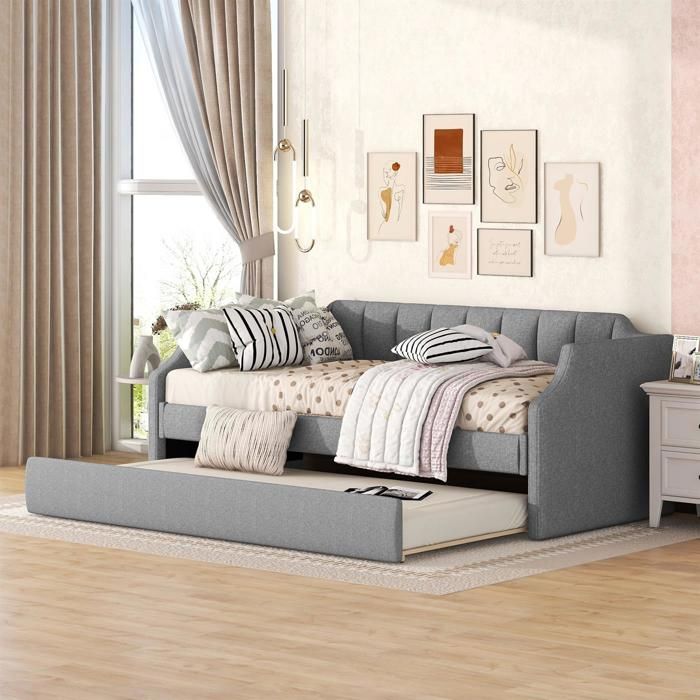 Canapé-lit gris 2 places 90 x 200 cm sans matelas – lit gigogne extractible sur roulettes