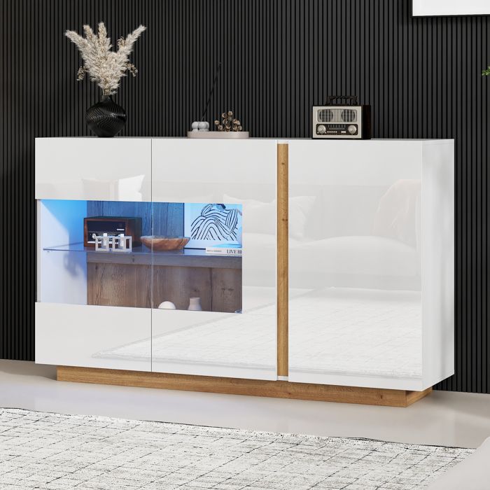 Buffet Salon avec Eclairage LED Haute Brillance 3 Portes Armoire de Salle à Manger Moderne Blanc avec Verre 138x38x90cm