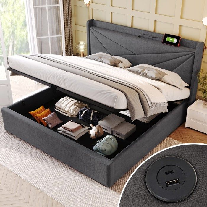 Lit coffre 160x200 Lit tapissé lit double tête de lit avec chargement USB Type C cadre de lit en lin avec sommier à lattes Gris