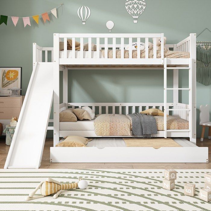 Lit superposé enfant-2x90x200-3 places-toboggan et lit extensible 90x190 e Lit superposé enfant-barrière et échelle pin+MDF Blanc