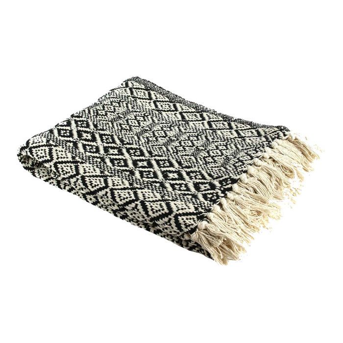 Plaid Jeté de Canapé 120x150cm Style Ethnique Noir et Blanc avec Franges - RAFY