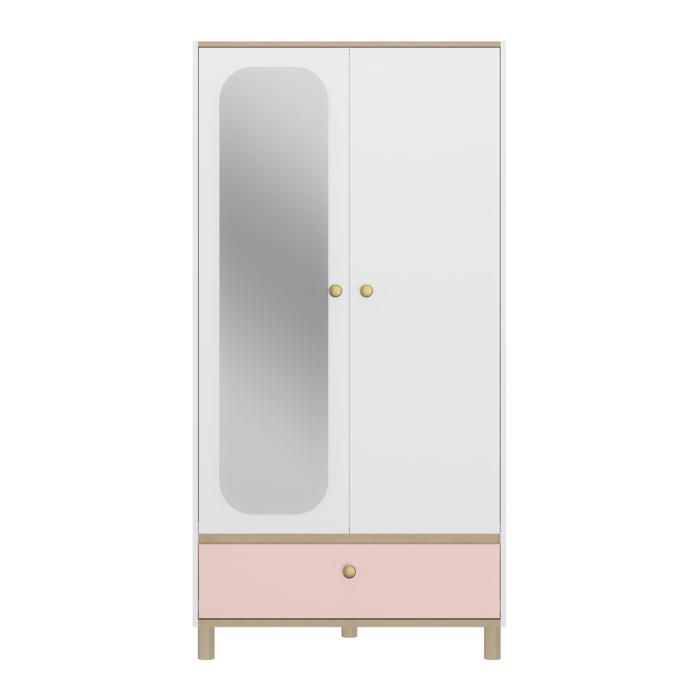Armoire 2 portes effet bois chêne clair avec grand miroir blanc Armoire 2 portes effet bois chêne clair avec grand miroir blanc