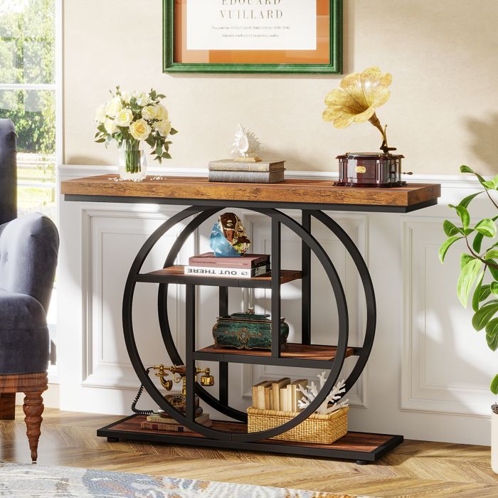 Table console étroite de 105 cm Rond à quatre couches étagères de Rangement pour Salon et Couloir (Marron)