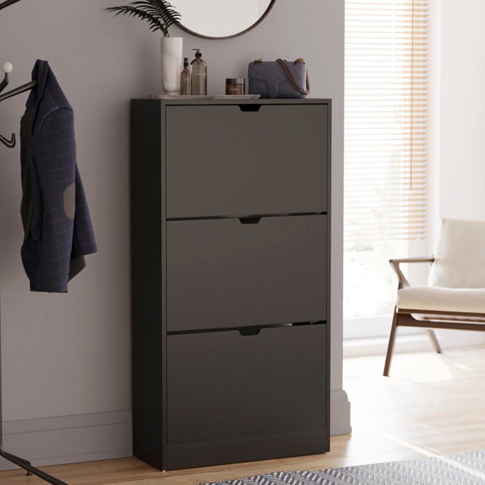 Meuble à chaussures 3 tiroirs – Armoire de rangement pour chaussures meuble d’entrée ou de couloir FSC 100 % Noir