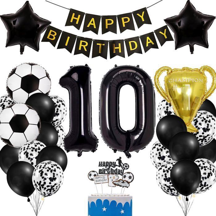 Ballon de football pour 10e anniversaire - Noir - Ballon à l'hélium - 10 ans - Décoration de gâteau - Décoration de gâteau - Football