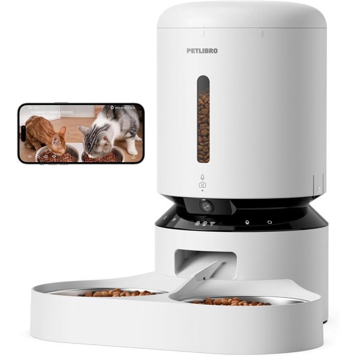 Comparer les prix de PETLIBRO Distributeur de croquettes pour 2 chats avec caméra 1080P Wi‑Fi 5G/2.4G automatique 5 L blanc