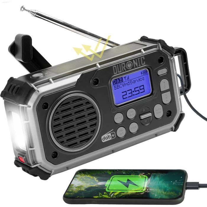 Duronic SDAB1 Radio Portable Dab+ avec Batterie ou 3 Piles AAA Recharge Solaire Manivelle Dynamo Radio Numérique Lampe Torche