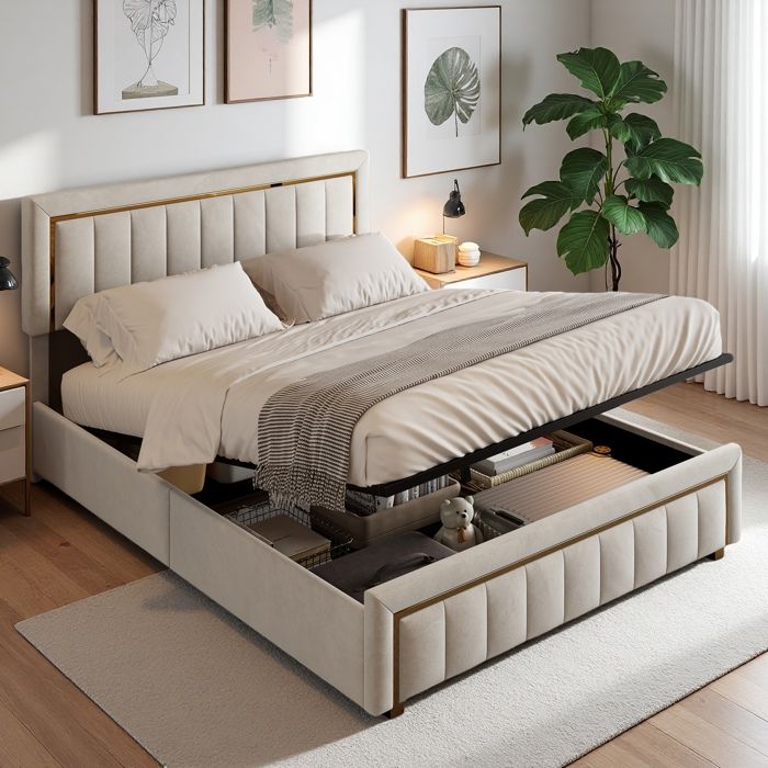 Lit coffre 140x200 - Lit double avec rangement - Lit rembourré avec bordure dorée - Cadre de lit avec sommier à lattes-Velours beige