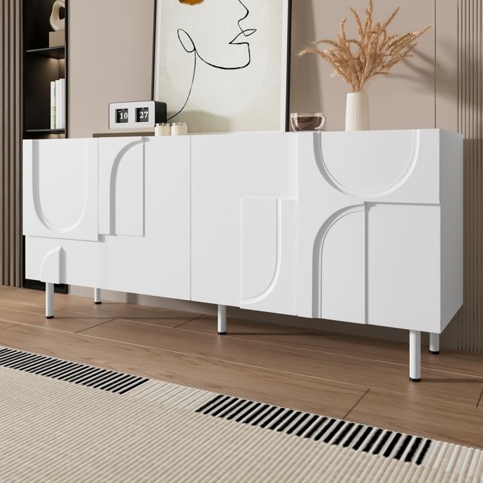 Buffet de Salon Design Géométrique Meuble de Rangement Moderne avec 4 Portes Buffet Salle a Manger Blanc élégant 160 x 38.5 x 70cm