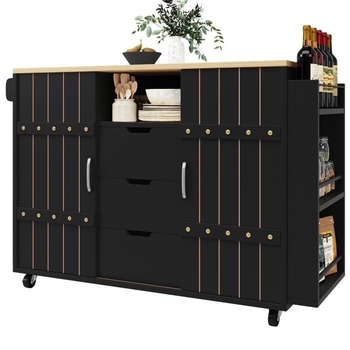 Meuble cuisine noir bois avec roulettes et plan de travail 90 cm étagère épices et porte-serviettes portes et tiroirs 110x42x90cm Meuble cuisine noir bois avec roulettes et plan de travail 90 cm étagère épices et porte-serviettes portes et tiroirs 110x42x90cm