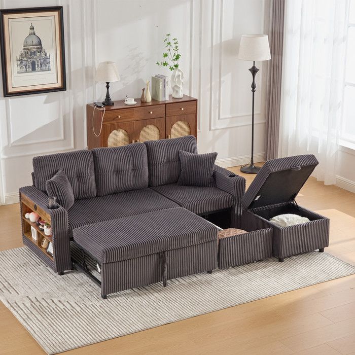 Canapé multifonctionnel en velours côtelé - Lit escamotable - Espace de rangement - Gris foncé - 196x82x85 cm