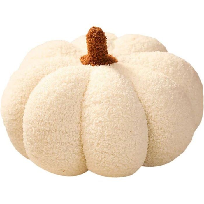 Coussin décoratif citrouille en peluche - MICH - 28 cm - Blanc et marron - Rembourrage coton PP - Design citrouille