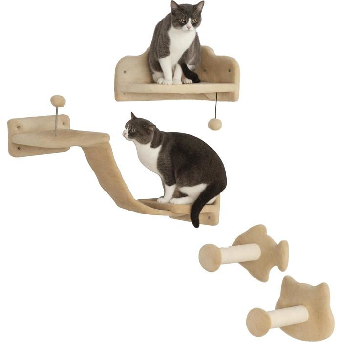 Étagères murales pour chat - SUTEO - Ensemble 4 pièces - Gris - Plateformes de saut - Griffoirs - Boule de jouet