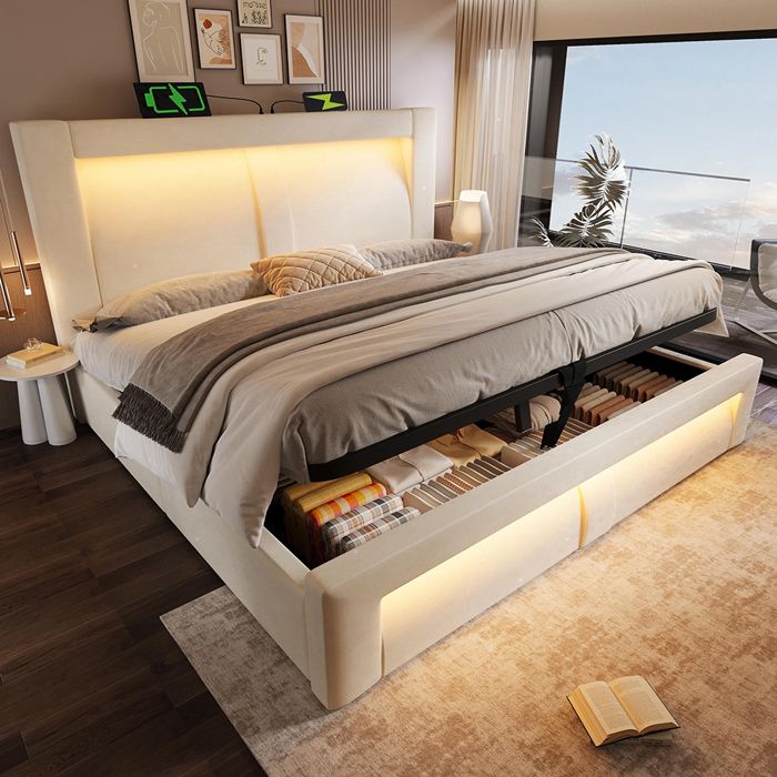 Lit coffre rembourré 160x200 cm Lit double avec rangement APP-Control LED USB et Type-C Tête de lit incurvée Velours Beige