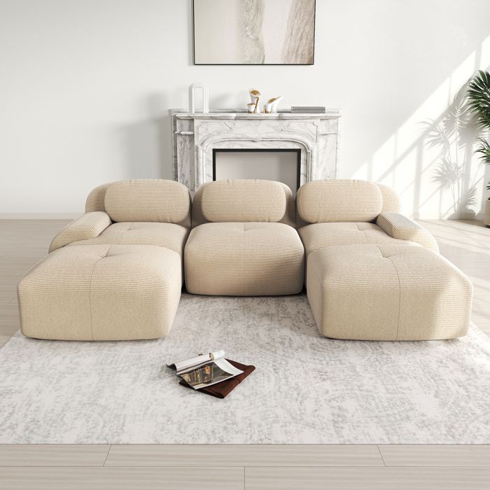 Canapé dangle modulable en U velours côtelé beige 298x178 cm - mousse HR 32D antidérapant livré monté