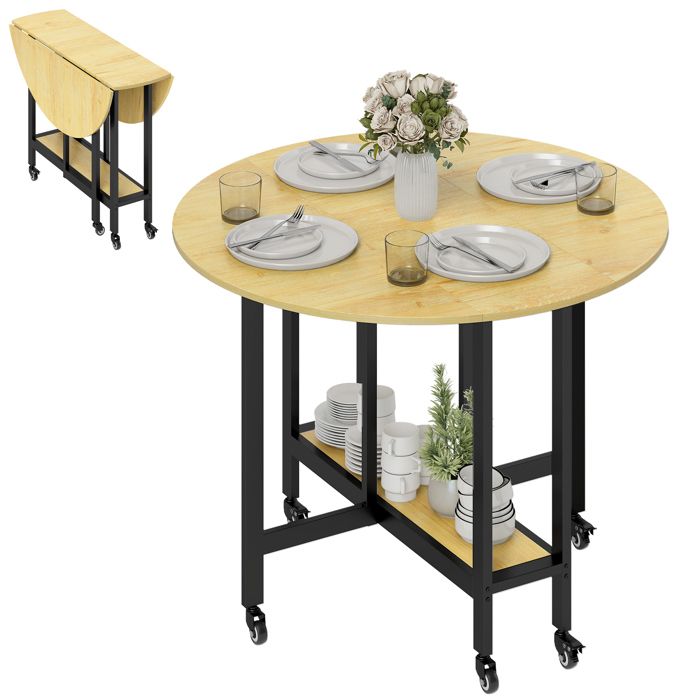 Table à manger pliante - HOMCOM - pour 4 personnes - 6 roulettes - étagère intégrée - panneau de particules - 100x100x75cm - chêne