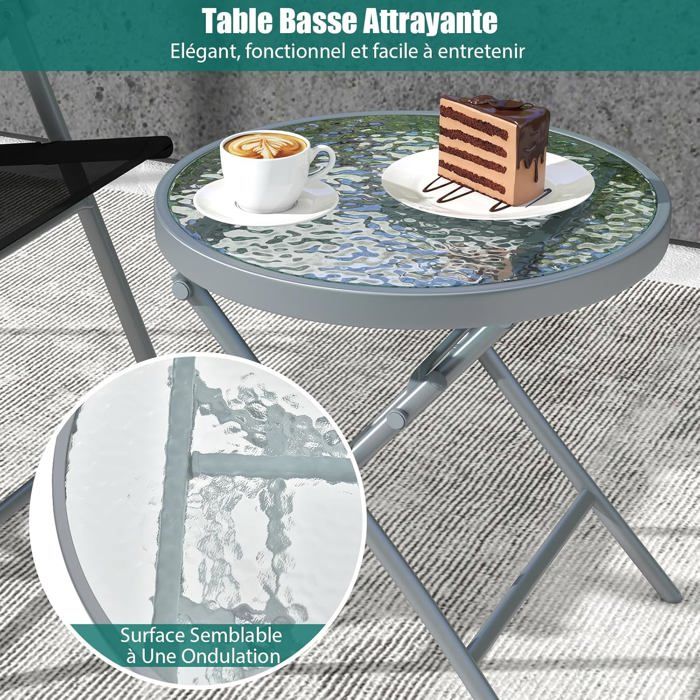 GIANTEX 3 PCs Salon de Jardin Pliable-2 Chaises en Textilène&1 Table Basse en Verre Trempé-Cadre Métallique-pour Jardin/Terrasse