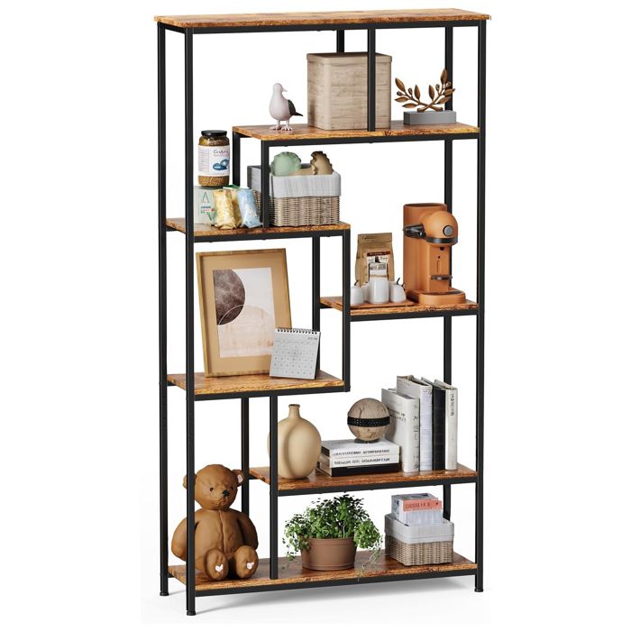 Bibliothèque - Bealife - 7 Niveaux Rangement - Cadre en Métal - Pieds Réglable - 100 x 30 x 180 cm - Étagère Salon - Bois Marron